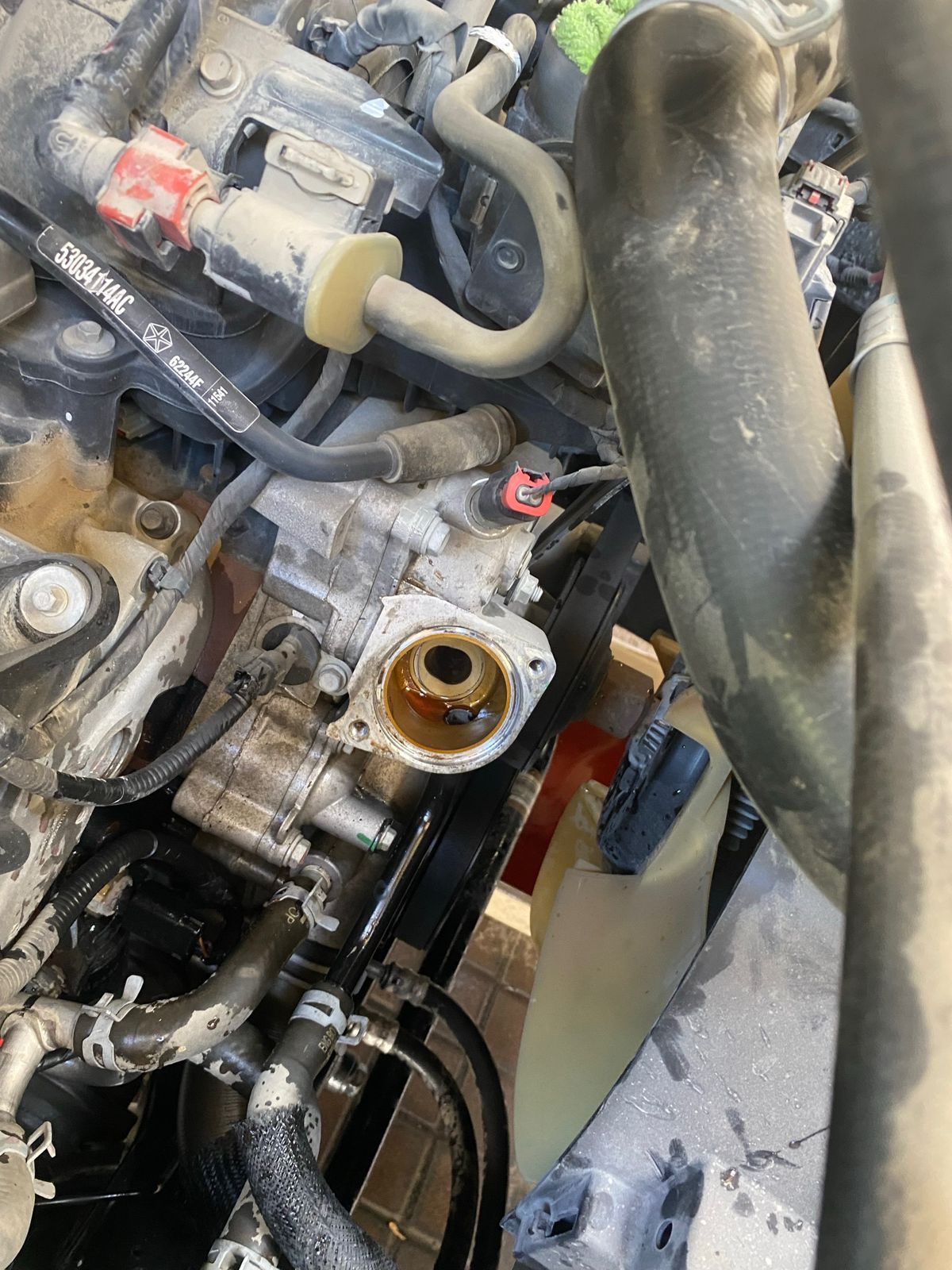 Cooling system port open with coolant pooled inside. Hose disconnected to make room.