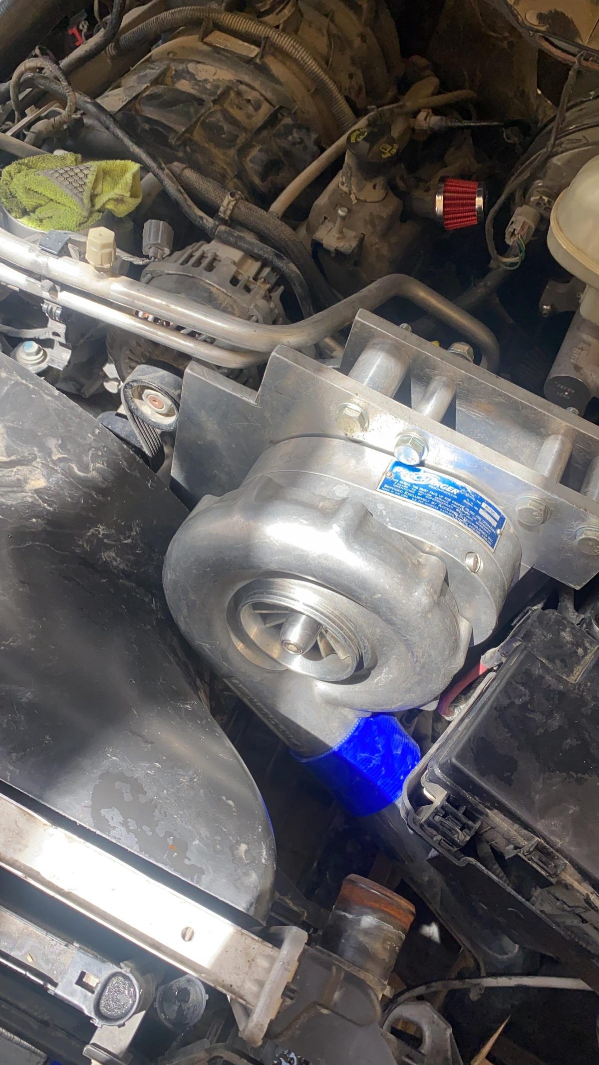 Close shot of the installed ProCharger with the blue silicone coupler joining the inlet.